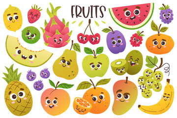 Fototapeta premium Cute fruit collection with cartoon faces. Isolated colorful cliparts. Vector illustration.