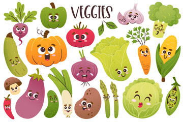 Cute vegetables collection with cartoon faces. Isolated colorful clip arts. Vector illustration.