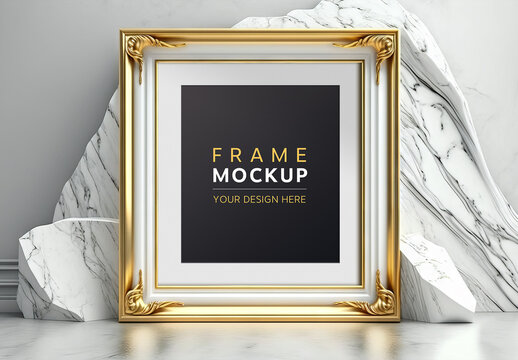 Squared Gold Frame Placed on a Marble Stone Mockup. Generative Ai