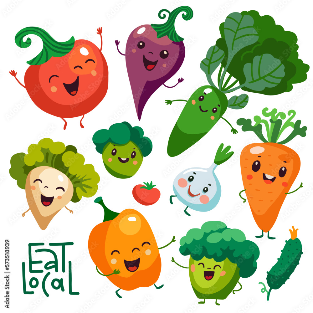 Wall mural cute cartoon vegetable characters set. kawaii faces of roots, carrot, broccoli, tomato, pepper for k