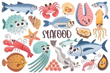 Fotobehang In de zee Cute seafood collection with cartoon faces. Isolated colorful cliparts. Vector illustration.