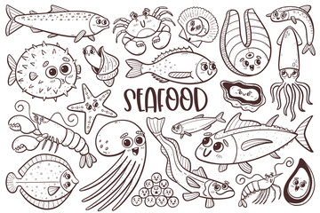 Cute seafood collection with cartoon faces. Isolated doodle cliparts. Vector illustration.
