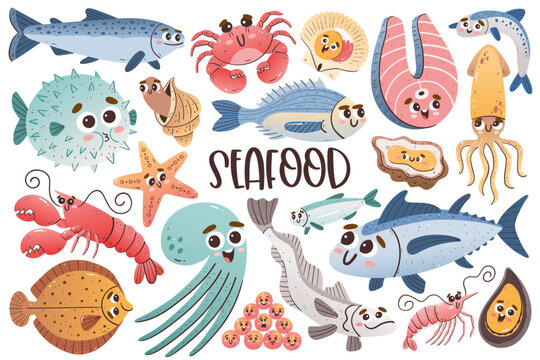 Cute seafood collection with cartoon faces. Isolated colorful cliparts. Vector illustration.