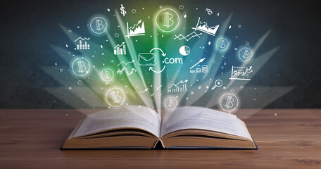 Open book with profit icons above