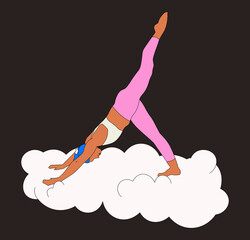 Filipino woman in pink doing yoga three legged dog on a cloud