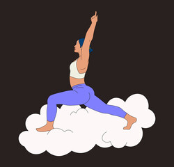 Filipino woman in purple doing yoga high lunge position on a cloud
