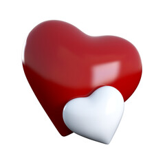 3D illustration of a big red color heart and a small white color heart together