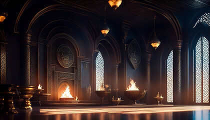 A dark fantasy hall in a great castle. AI Art.