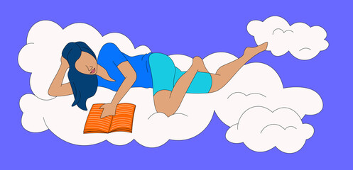 Girl with straight hair lying down reading on a cloud