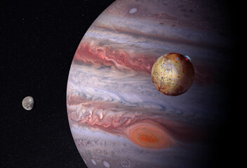 3D Illustration of planet Jupiter with Io and Ganymede satellites © Pavel