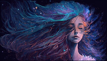 Fototapeta premium Lucid Dreaming experience illustration a woman floating in dream space anime style 2D art generative ai