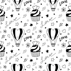 Seamless pattern for valentines day, wedding, celebration, love. Hand drawing doodle pattern with love, hearts, ballon, cupcake. Spring festive black and white sketch pattern