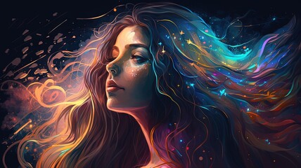 Lucid Dreaming experience illustration a woman floating in dream space anime style 2D art generative ai