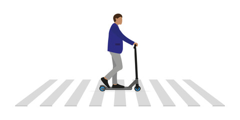 Male character on scooter rides on a crosswalk on white background © Tatyana
