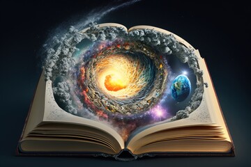 Book of the Universe - an open magic book with planets and galaxies. AI generative