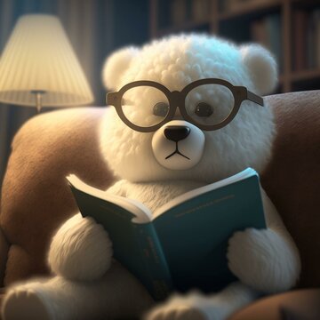 Cute teddy bear reading a book, cartoon style, AI-generated