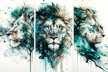 Triptych lion portrait. Modern art. Generative ai. 