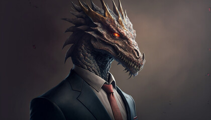Portrait of dragon dressed in a business suit on isolated background. Generative AI