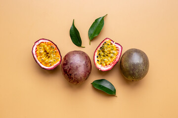 Set of whole and half of fresh passion fruit - marakuya