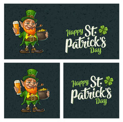 Fototapeta premium Leprechaun holding beer glass and pot of gold coins. Vector engraving for Saint Patrick's Day