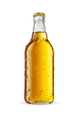 Cold beer in a clear transparent bottle isolated on white background.