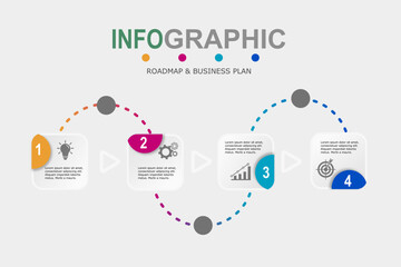 Infographic template for business plan ,strategy, roadmap. 4 Steps Modern Timeline diagram with graphs and business icon, presentation vector infographics