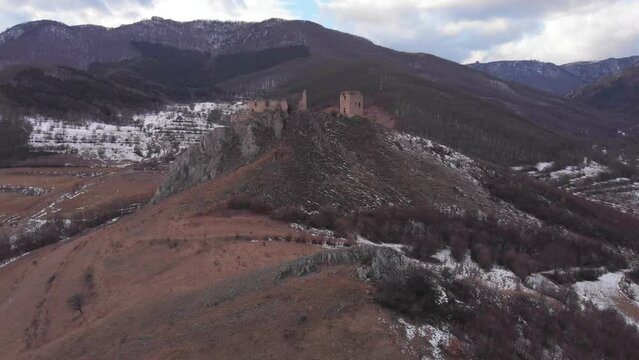 Trascau Fortress in Coltesti, Romania, seen from a drone in a winter day