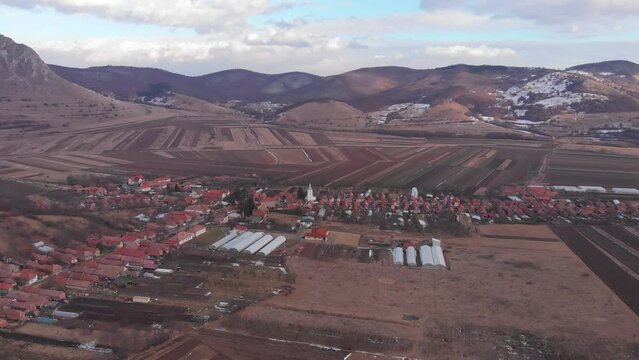 Coltesti village in Romania, seen from a drone, aerial view
