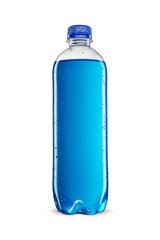 Blue isotonic sport energy drink in a transparent bottle isolated on white background.