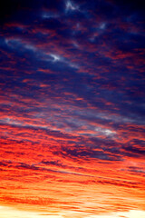 Gloomy dramatic clouds at sunset. Beautiful ultramarine clouds at sunset in the park. The concept of nature, storm, disaster.