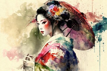 geisha colored with watercolors, generative ai - obrazy, fototapety, plakaty