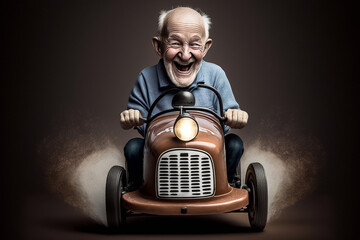An cute smiling granny man drives a little pedal car - AI generative - obrazy, fototapety, plakaty