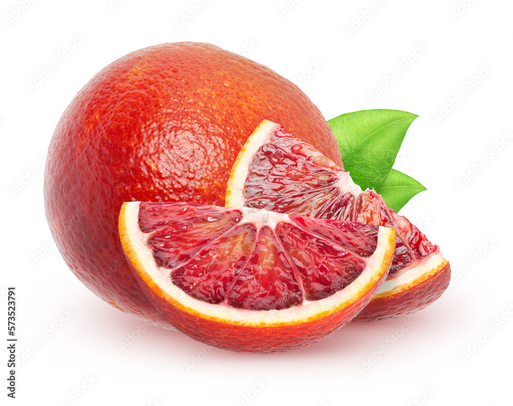 Canvas Prints isolated blood oranges. whole red orange fruit and a pieces with leaves isolated on white background - Canvas Prints
