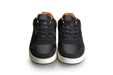 A pair of black leather shoes view from front.