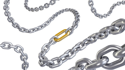 3d model of metallic steel chain on white isolated background with glossy texture