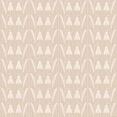 Seamless Pattern of cream snowdrop flowers and droplet stripes on a beige background.
