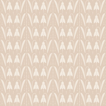 Seamless Pattern of cream snowdrop flowers and droplet stripes on a beige background.
