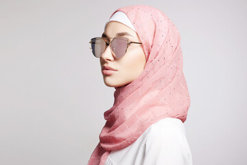 beautiful islamic style young woman. beauty girl in hijab and sunglasses