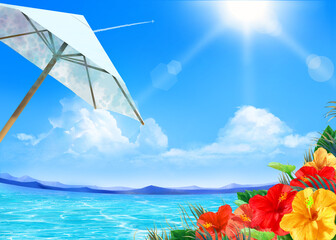 A beautiful beach with palm trees hibiscus flowers and white parasol © MerciArtworks