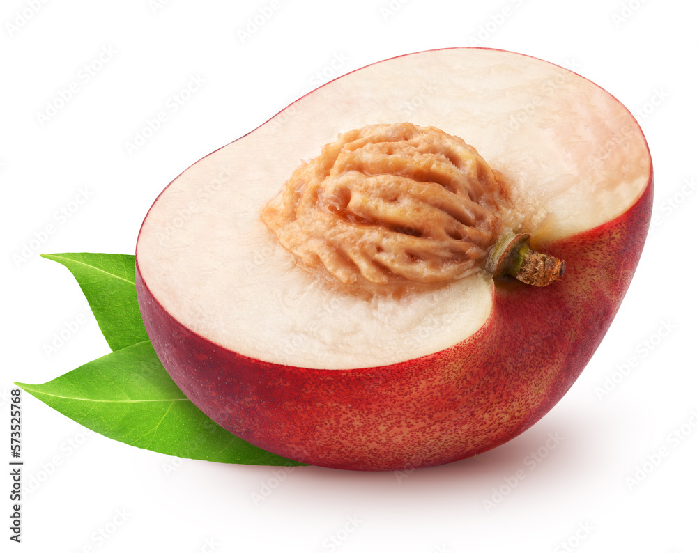 Wall mural isolated nectarine. half of nectarine fruit with leaves isolated on white background with clipping p