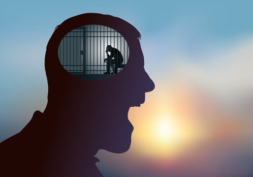Concept de la souffrance psychique et des maladies mentales avec le symbole d’un homme dont le cerveau est remplacer par une cellule de prison.
