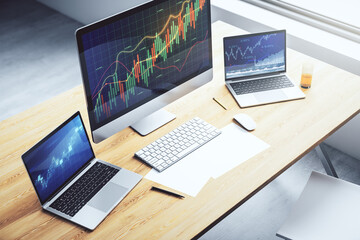 Abstract creative financial graph on modern laptop monitor, forex and investment concept. 3D Rendering