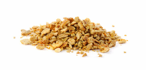 Pile of dried orange zest seasoning isolated on white