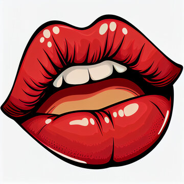 Sexy red mouth, woman lip with lipstick in cartoon vintage retro style isolated on white backgroun. Open girl sensual hot lips. Female pop art big plump glossy and shiny lips with teeth and tongue