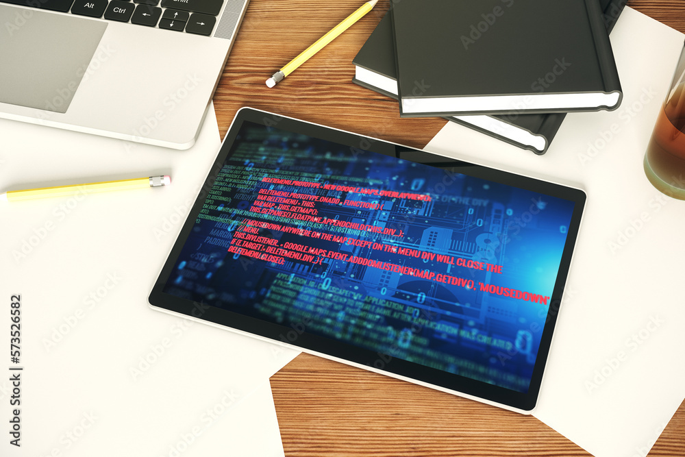 Leinwandbilder Modern digital tablet monitor with abstract creative coding sketch, artificial intelligence and neural networks concept. Top view. 3D Rendering