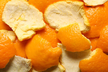Many orange peels preparing for drying as background, closeup