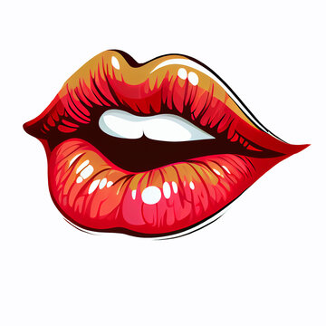 Sexy lip, women open mouth with red lipstick. Female pop art seductive glossy and shiny lips with white teeth. Sensual girl hot lips cartoon vintage retro glamour sticker isolated on white background