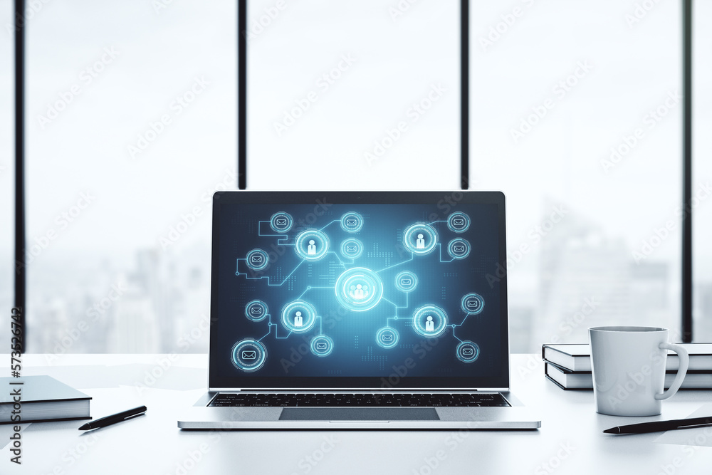 Aufkleber modern computer display with social network icons concept. networking concept. 3d rendering