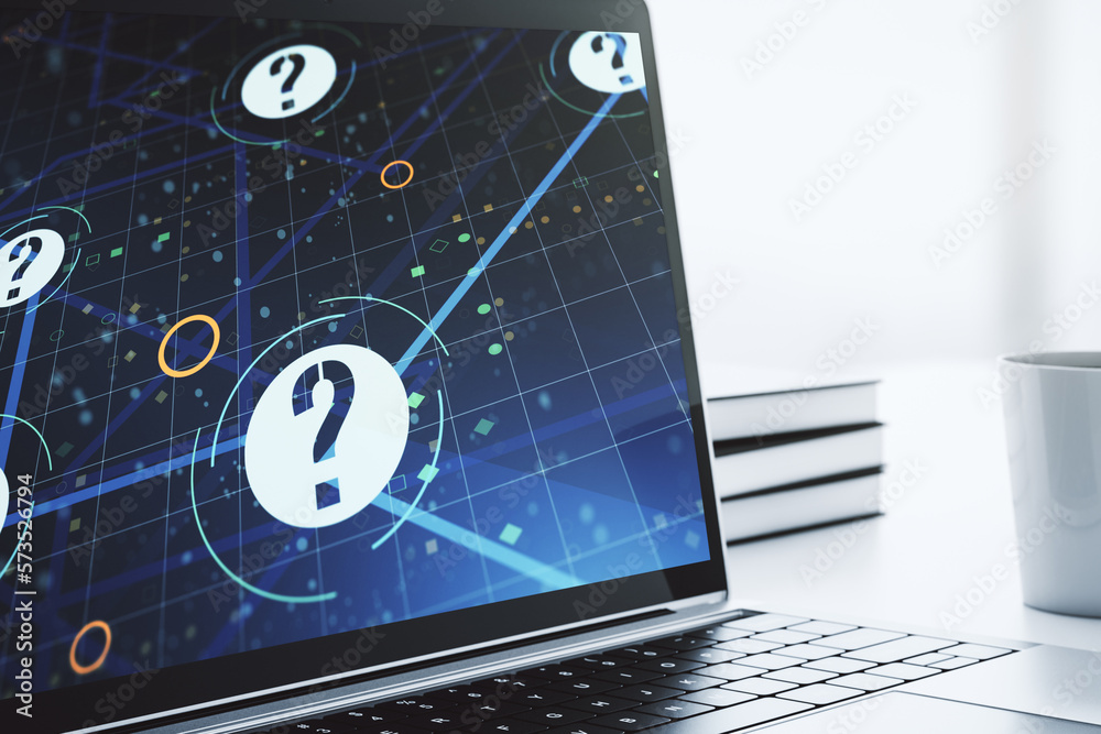 Aufkleber creative concept of question mark illustration on modern laptop screen. faq and search concept. 3d r
