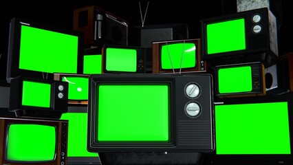 Many TV sets with chromakey on screen. Creative background and intro.